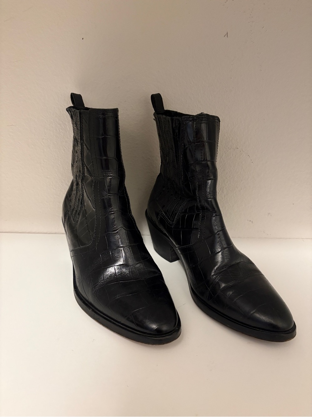 All Saints Miriam Black Crocodile Western Chelsea Boot Hybrid 100% Leather EU 37 - Picture 4 of 15